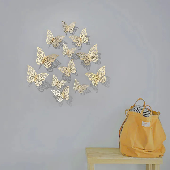 12pcs/lot Metal Inspired Hollow 3D Paper Butterfly Decorations