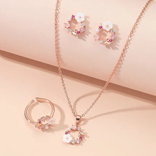 4 Pieces Rose Gold-color Lady Flower  Jewelry Set