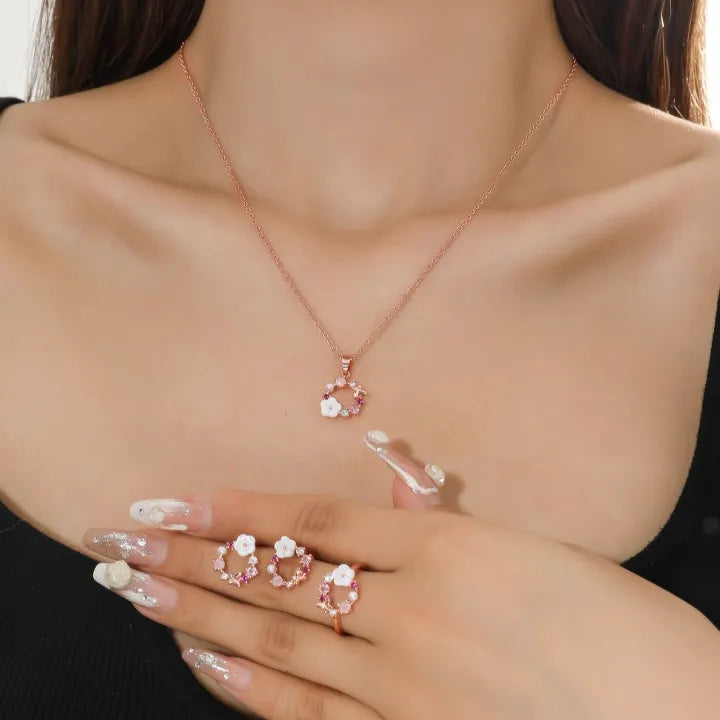 4 Pieces Rose Gold-color Lady Flower  Jewelry Set