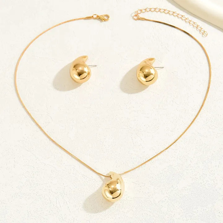 Water Drop Shape Jewelry Set 2 Pcs Necklace Stud Earrings Gold Silver Color Zinc Alloy Simple Style For WomanWater Drop Shape Jewelry Set 2 Pcs Necklace Stud Earrings